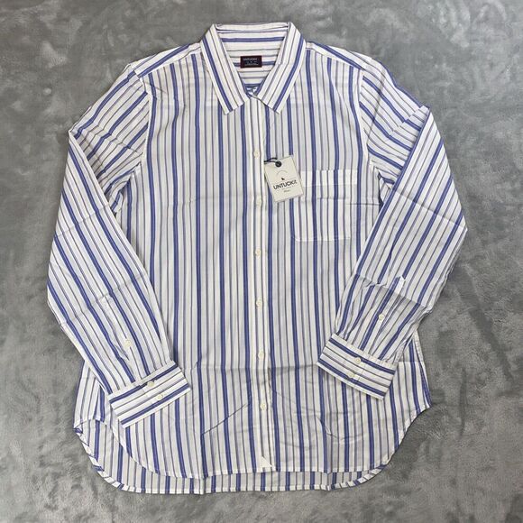 Untuckit Sz 12 Shirt Womens Blue White Stripe Pinot Perse Button Up Long Sl NWT - Picture 1 of 7